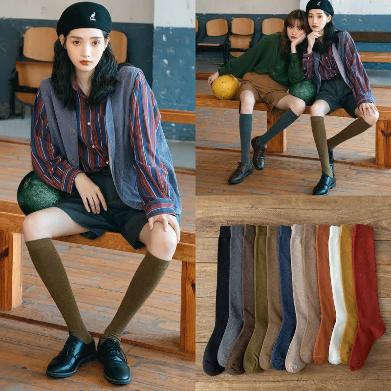 Long Socks Women Stockings Organic Cotton Solid Warm Thigh High Ladies