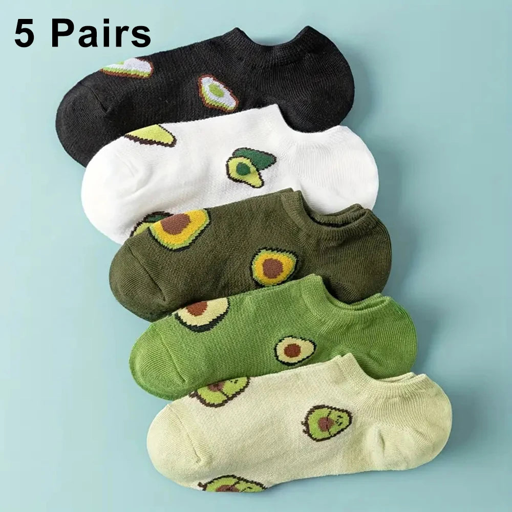 5 Pairs Avocado Crew Ankle Socks Cartoon Fresh Fashion Breathable