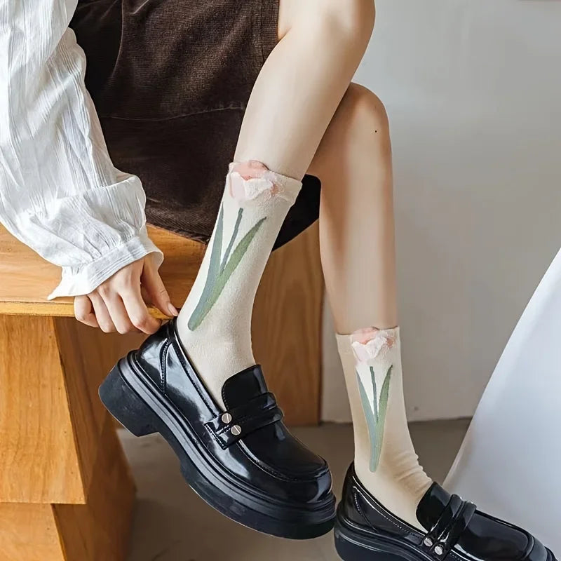 4pairs Floral Socks Set, Women Cute Flower Geometric 3D Textured Ankle