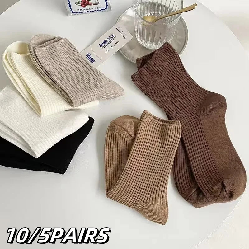 10/5 Pairs Solid Color Women's Mid Length Socks Leisure High Quality