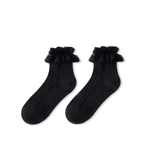 6 Pairs Woman Socks Solid Black White Lolita Lacework Ruffle Socks