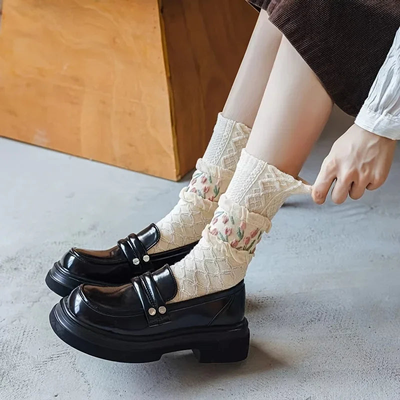 4pairs Floral Socks Set, Women Cute Flower Geometric 3D Textured Ankle