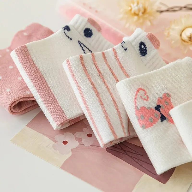 5 Pairs Women's Short Tube Socks Pink Cat Thin Four Seasons Cute Boat