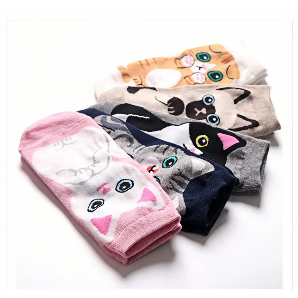5 Pairs Women's Cute Cat Cartoon Short Socks Spring and Summer New