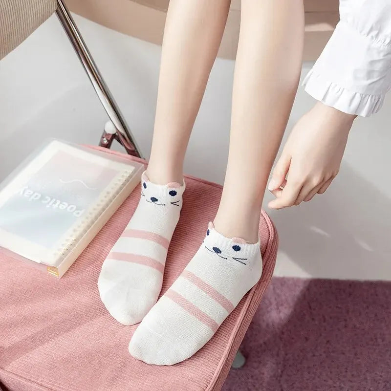 5 Pairs Women's Short Tube Socks Pink Cat Thin Four Seasons Cute Boat