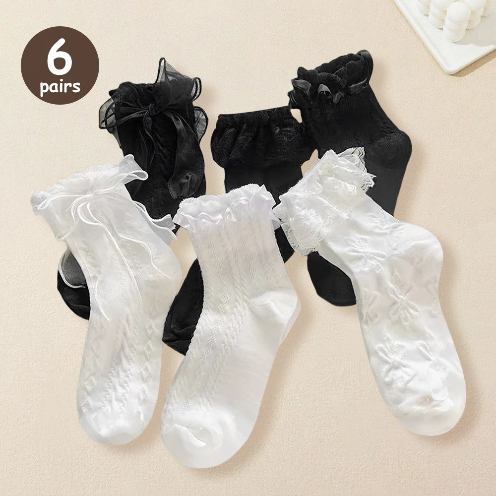 6 Pairs Woman Socks Solid Black White Lolita Lacework Ruffle Socks