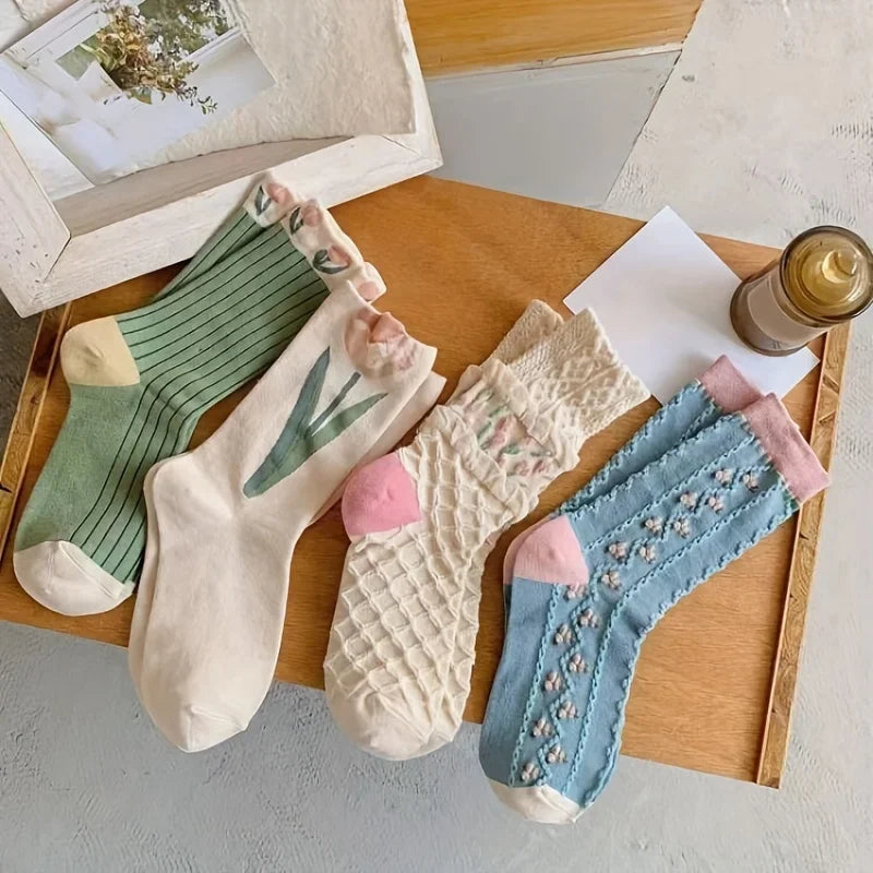 4pairs Floral Socks Set, Women Cute Flower Geometric 3D Textured Ankle