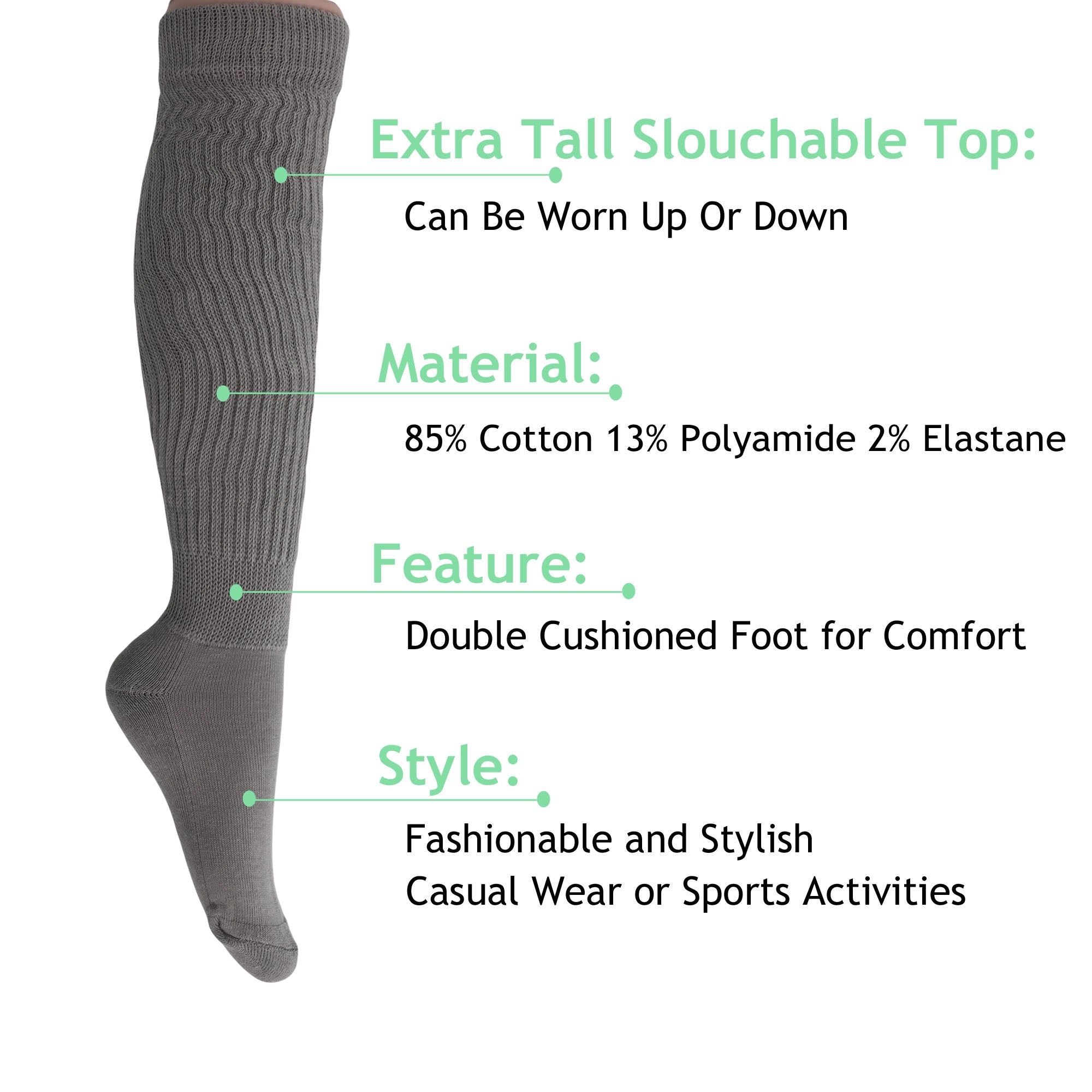 Gray Slouch Socks for Women Knee High Socks Shoe Size 5 to 10.