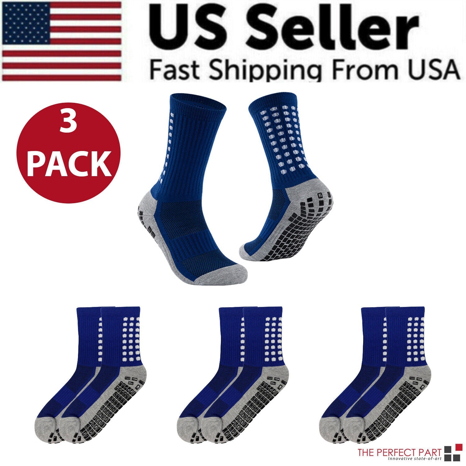 3 Pair Sport Socks Anti Slip W/ Grip Soccer Men Football Basketball