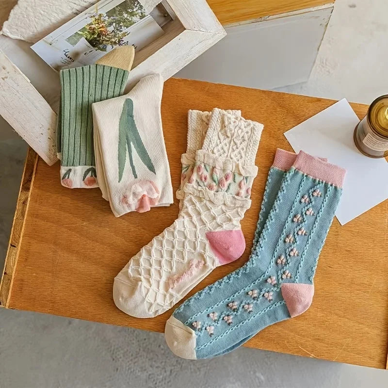 4pairs Floral Socks Set, Women Cute Flower Geometric 3D Textured Ankle