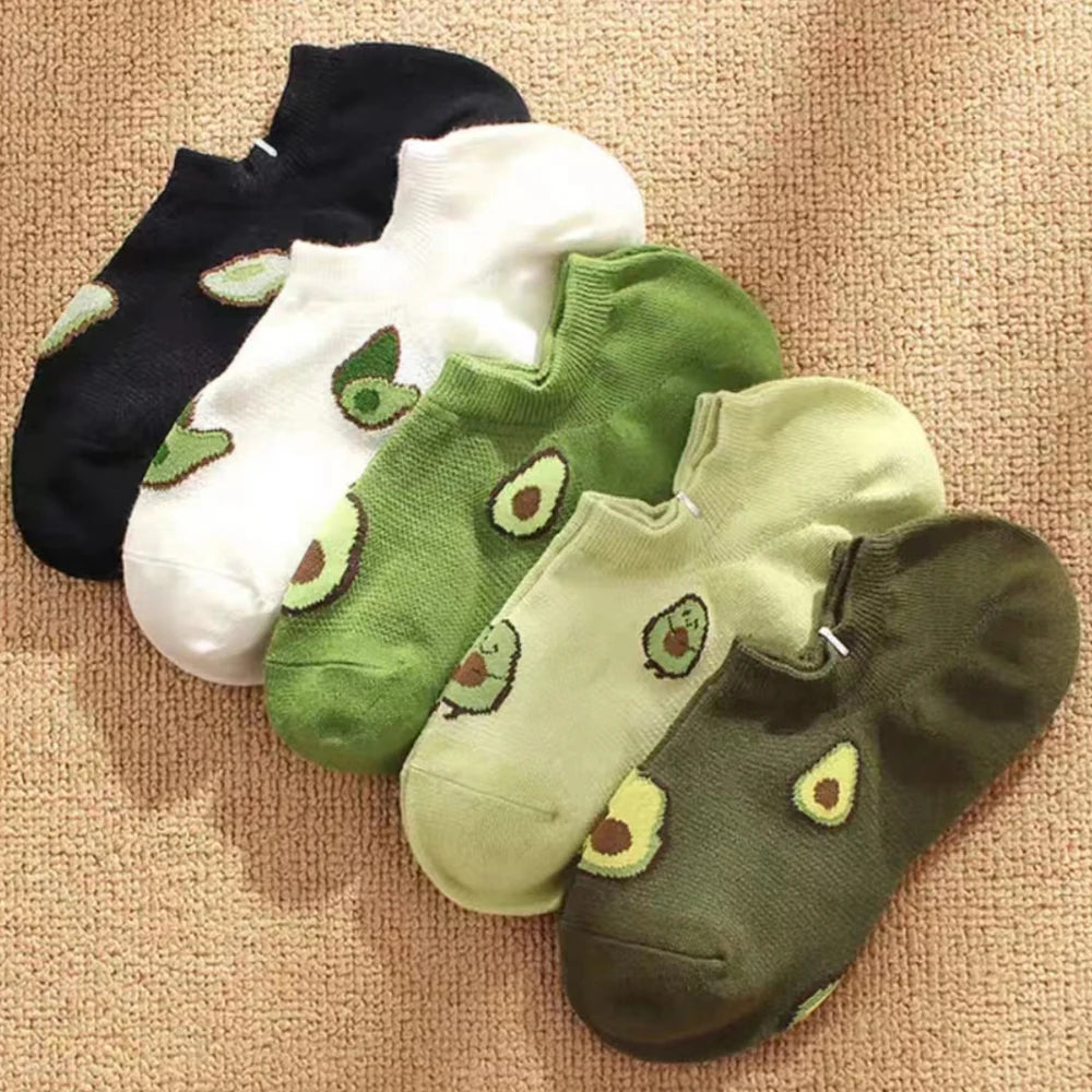 5 Pairs Avocado Crew Ankle Socks Cartoon Fresh Fashion Breathable