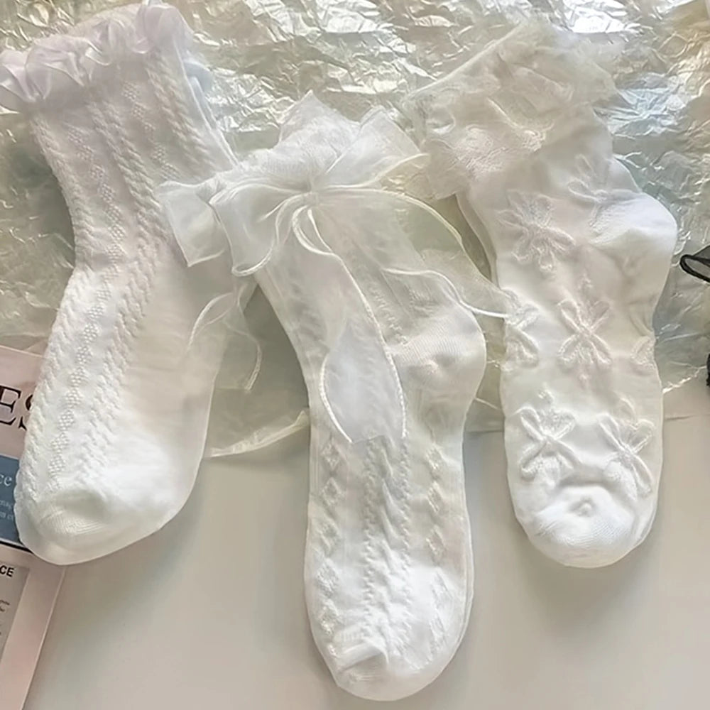 6 Pairs Woman Socks Solid Black White Lolita Lacework Ruffle Socks