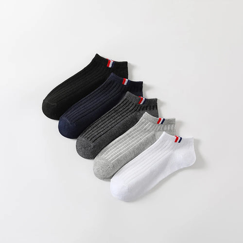 5 Pairs Men Boat Socks Trendy Versatile Solid Color Side Label Casual