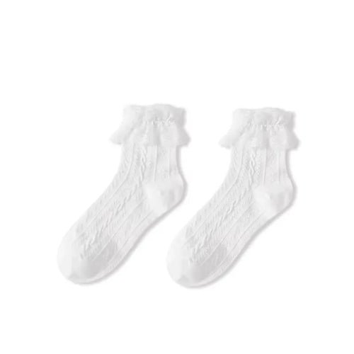 6 Pairs Woman Socks Solid Black White Lolita Lacework Ruffle Socks