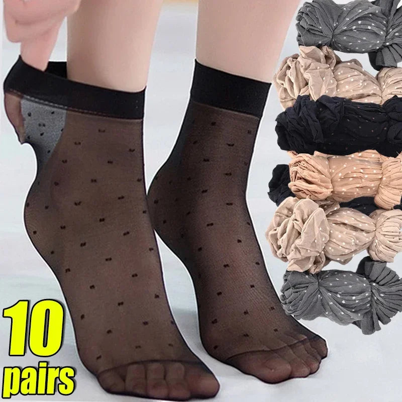 Women's Silk Summer Socks Transparent Dot Lace Short - Breathable