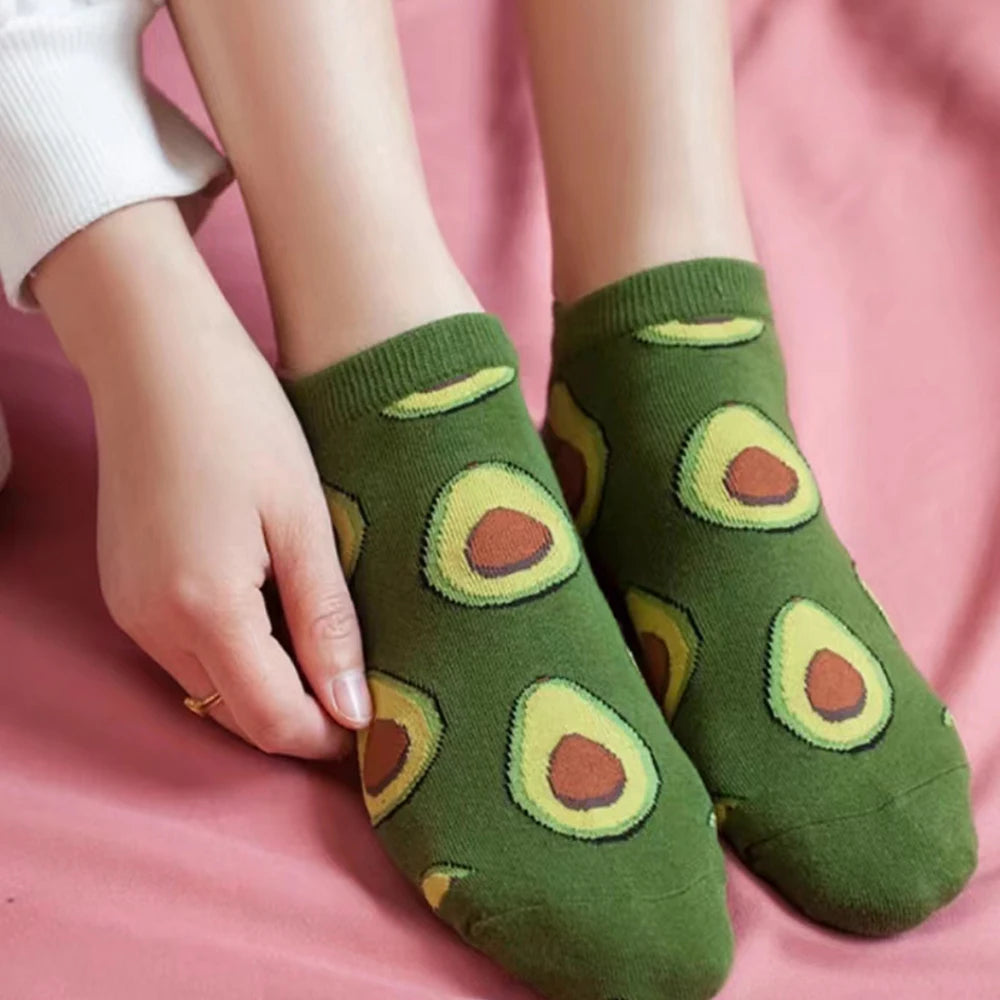 5 Pairs Avocado Crew Ankle Socks Cartoon Fresh Fashion Breathable