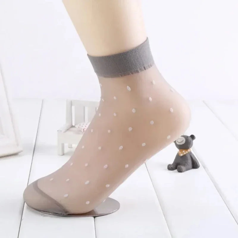 Women's Silk Summer Socks Transparent Dot Lace Short - Breathable