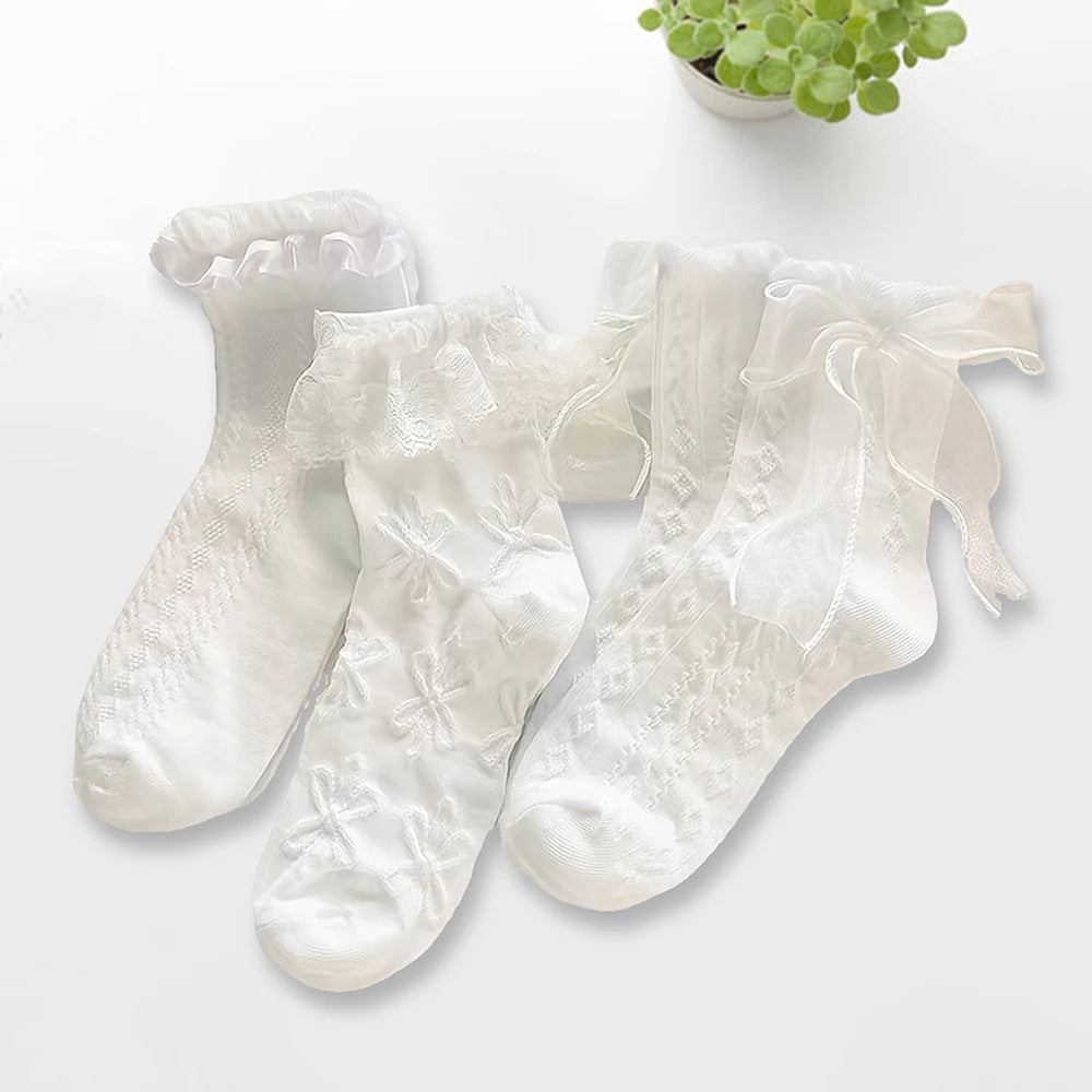 6 Pairs Woman Socks Solid Black White Lolita Lacework Ruffle Socks