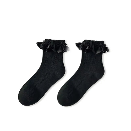 6 Pairs Woman Socks Solid Black White Lolita Lacework Ruffle Socks