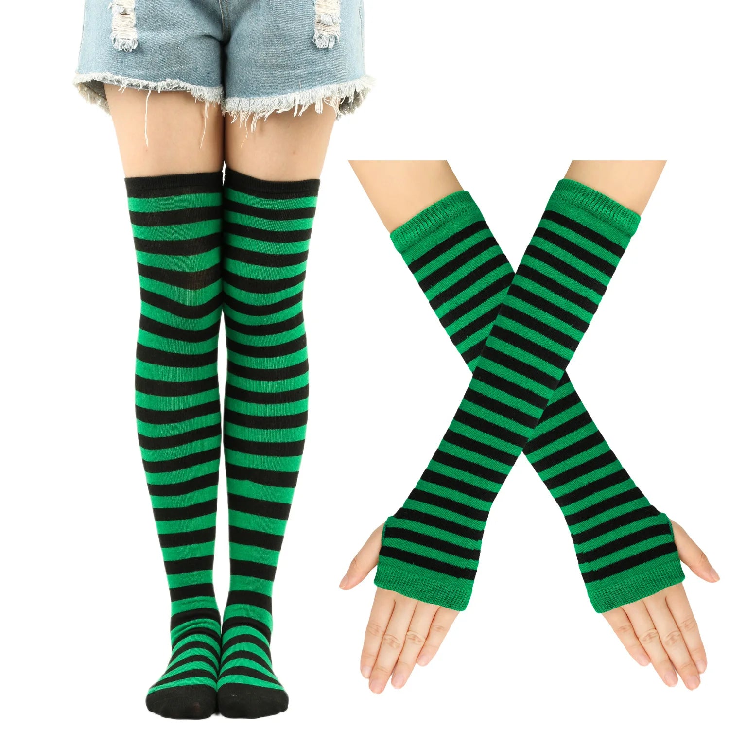 1 Set Women Girls Over Knee Long Stripe Printed Thigh High Cotton
