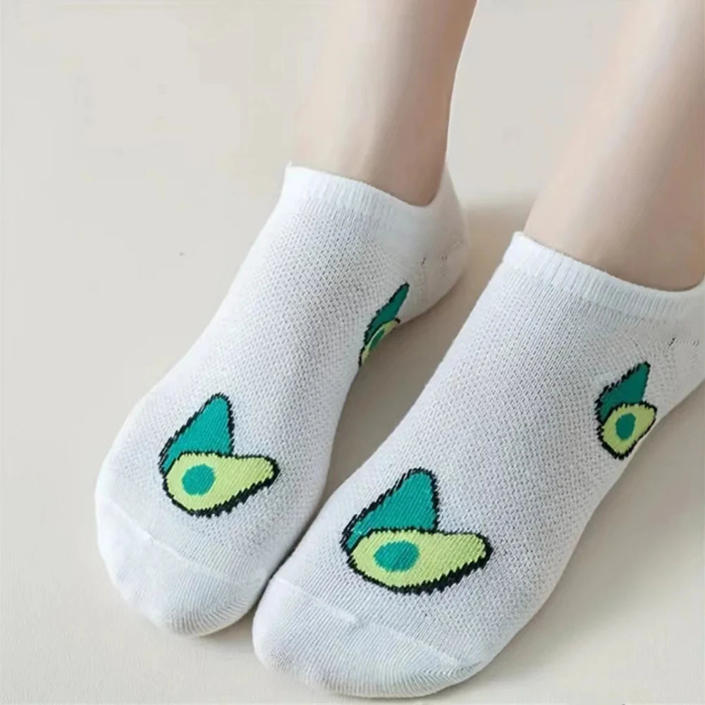5 Pairs Avocado Crew Ankle Socks Cartoon Fresh Fashion Breathable