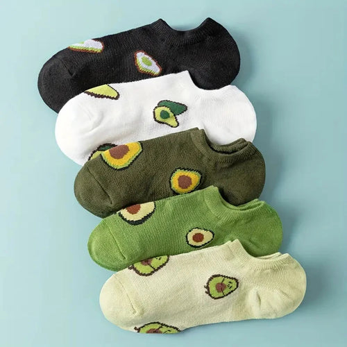 5 Pairs Avocado Crew Ankle Socks Cartoon Fresh Fashion Breathable