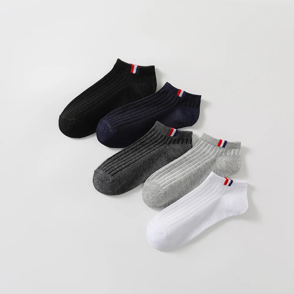 5 Pairs Men Boat Socks Trendy Versatile Solid Color Side Label Casual
