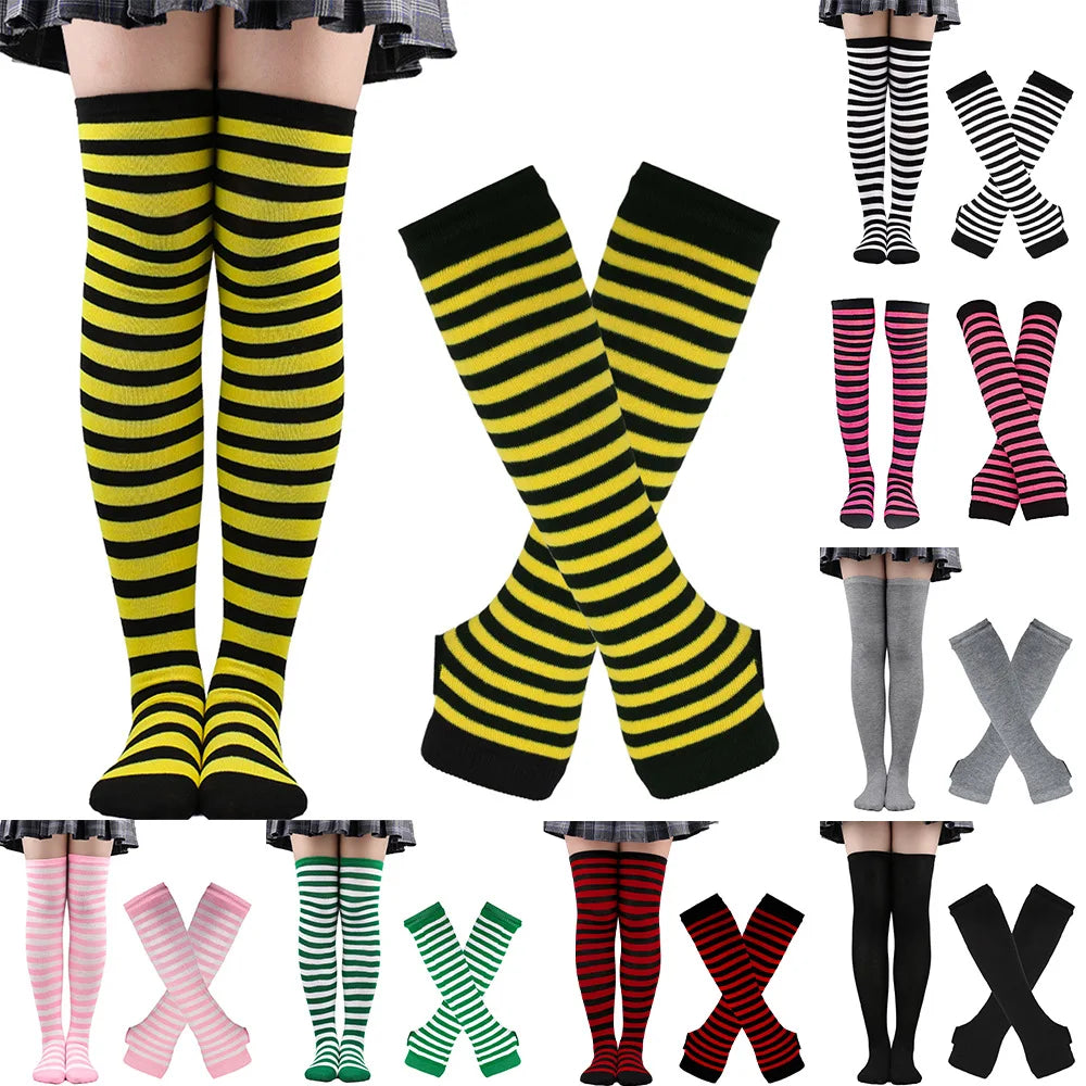 1 Set Women Girls Over Knee Long Stripe Printed Thigh High Cotton