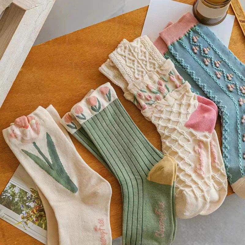 4pairs Floral Socks Set, Women Cute Flower Geometric 3D Textured Ankle