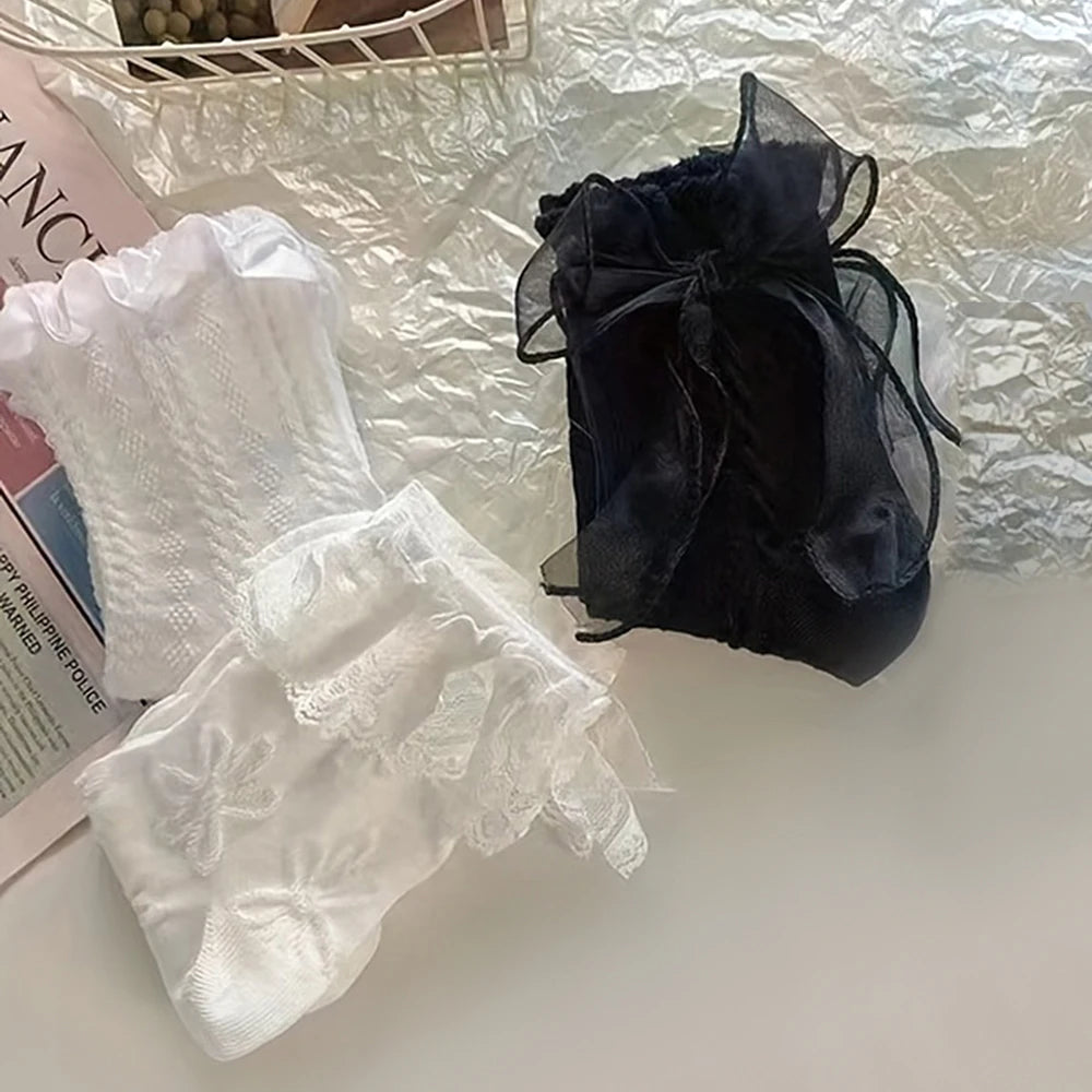 6 Pairs Woman Socks Solid Black White Lolita Lacework Ruffle Socks