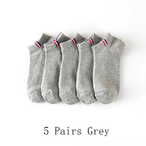 5 Pairs Men Boat Socks Trendy Versatile Solid Color Side Label Casual