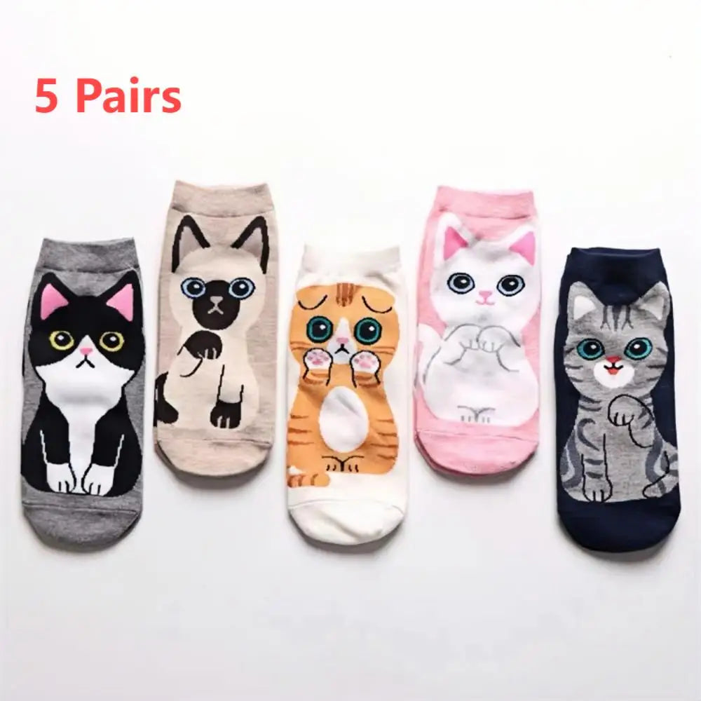 5 Pairs Women's Cute Cat Cartoon Short Socks Spring and Summer New