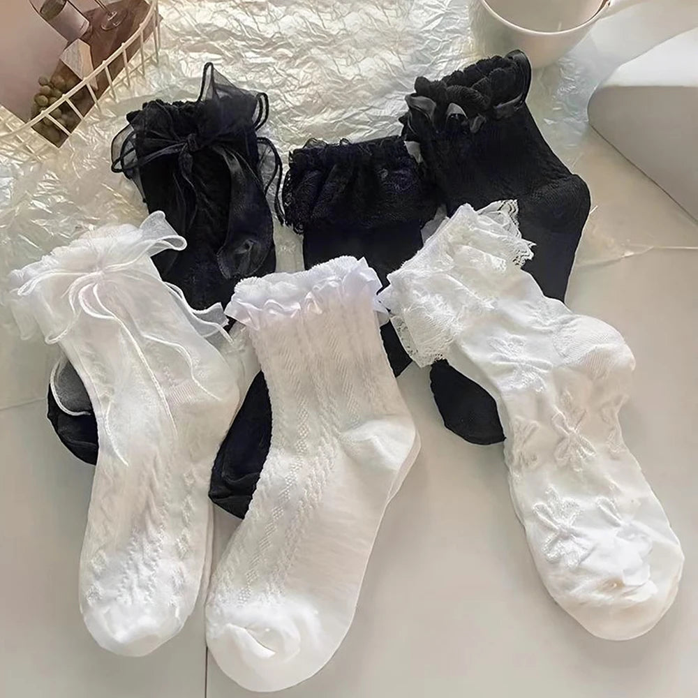 6 Pairs Woman Socks Solid Black White Lolita Lacework Ruffle Socks